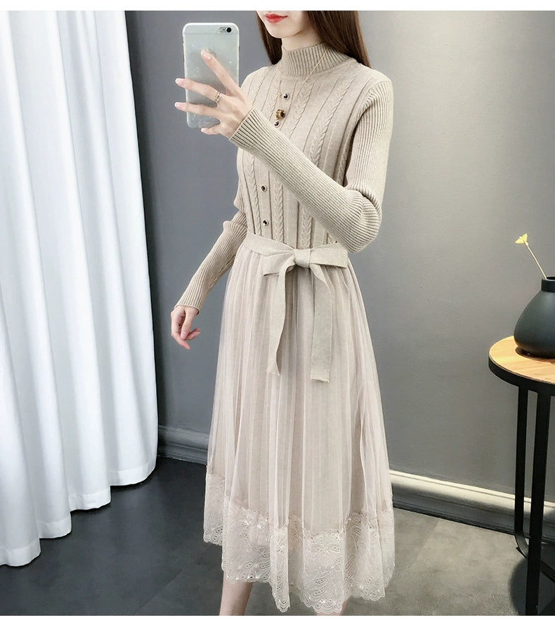 Hot Semi-High Collar Lace Temperament Autumn and Winter Dress