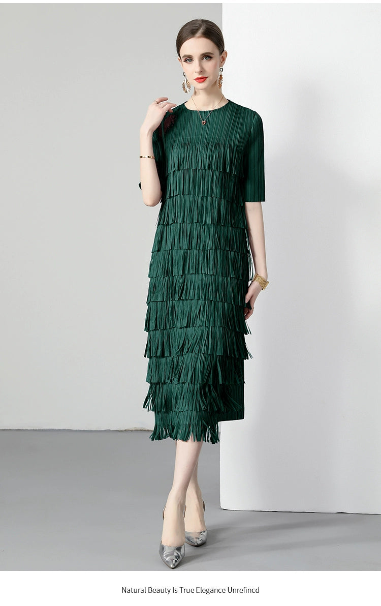 Sanzhai Pleated Spring and Autumn European and American Style Long-Sleeved Dress