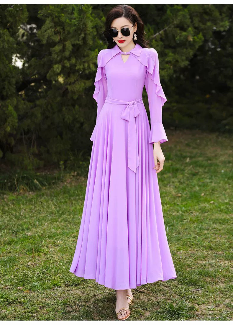 Long Sleeves Fashion All-Match Casual Chiffon Dress