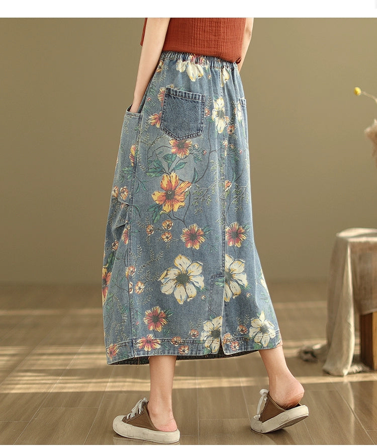 Artsy Casual Patchwork Mid Length Long Length Denim Skirt