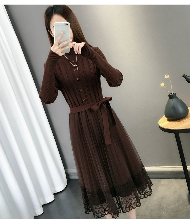 Hot Semi-High Collar Lace Temperament Autumn and Winter Dress