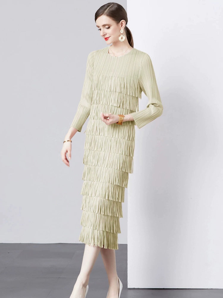 Sanzhai Pleated Spring and Autumn European and American Style Long-Sleeved Dress