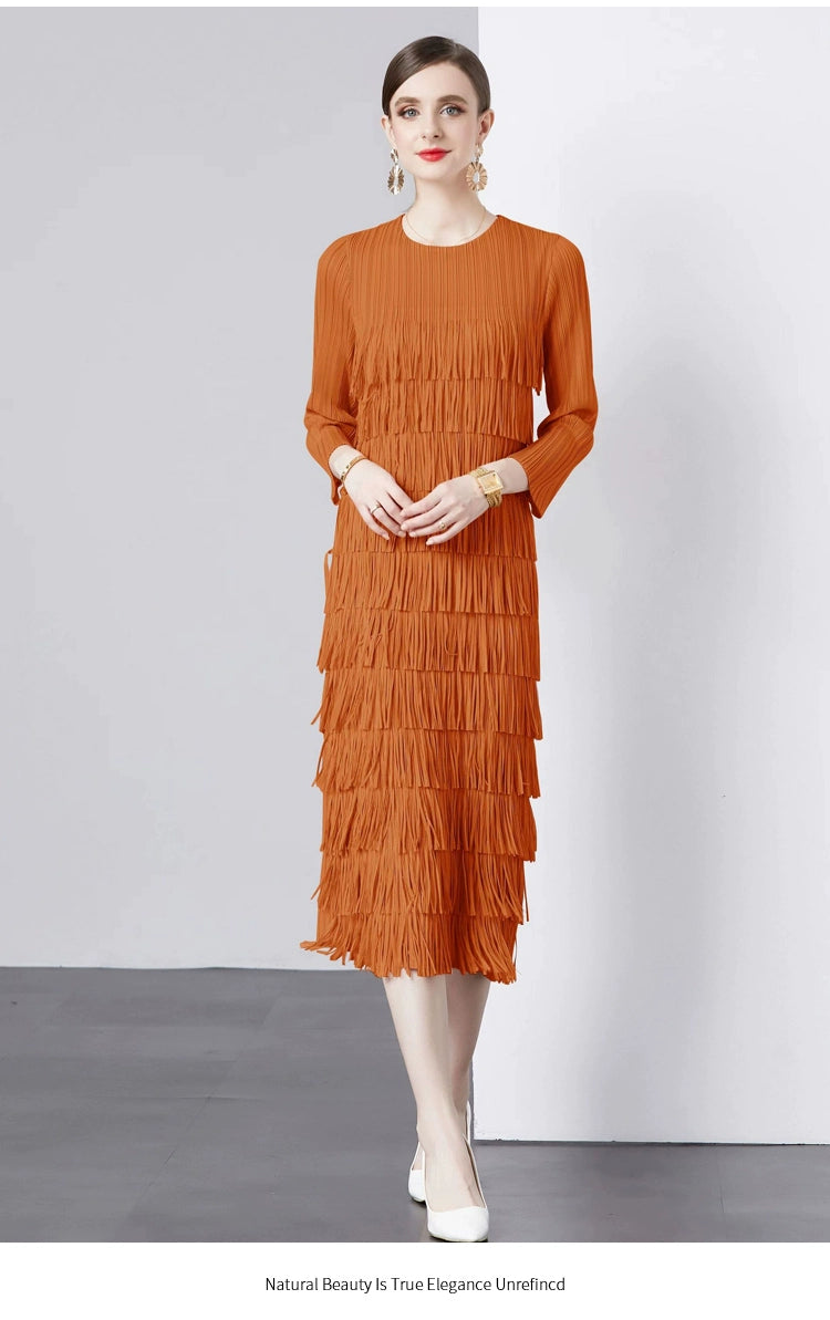 Sanzhai Pleated Spring and Autumn European and American Style Long-Sleeved Dress