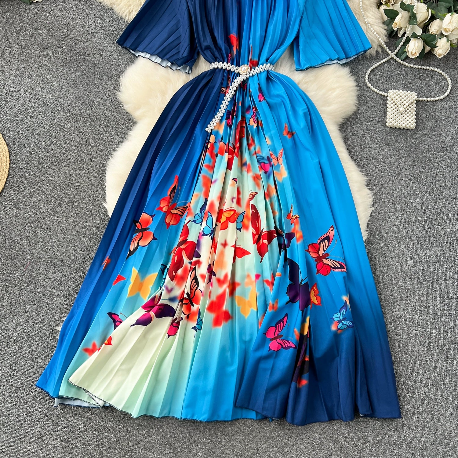 Women's European Style Long Dress Pleated Skirt Heavy Industry Beads