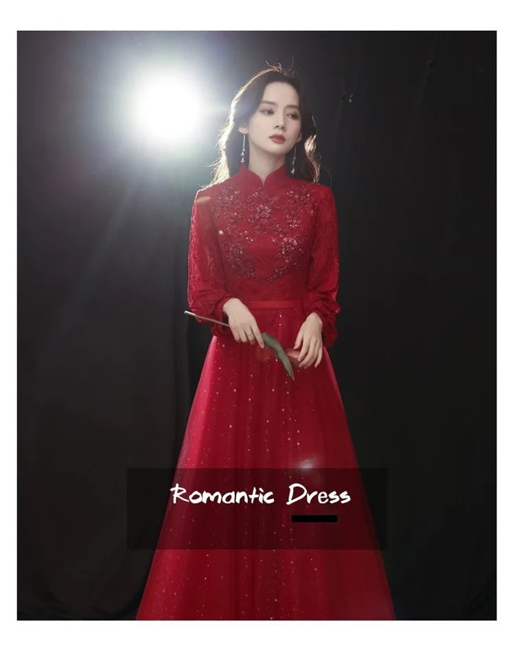 Wine Red Dress Women Spring Autumn New Solid Color Stand Collar Applique Sequins Long Sleeve A-line Skirt Female Clothing M271