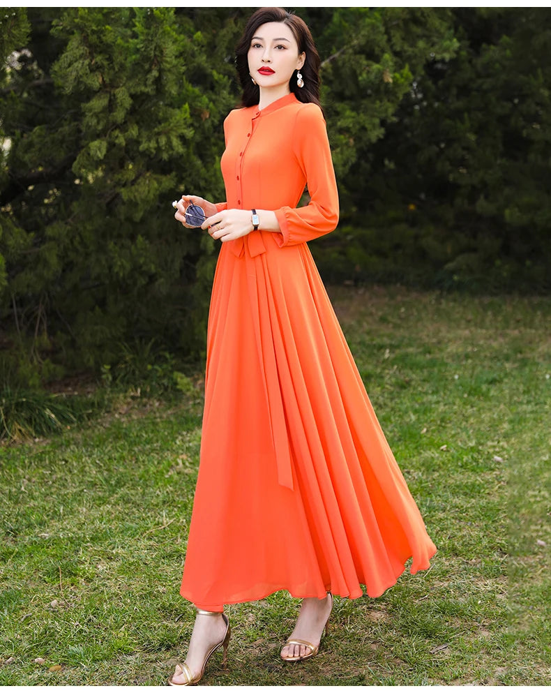 SD30 New High Quality Women's Summer  Orange Long Sleeve Chiffon  Maxi dress with full linning boho dress  dresses  women dress