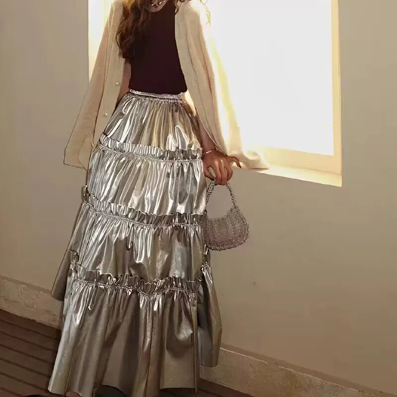 Spring Autumn Fairy Sliver Ruffled Pu Leather Midi Tiered Skirt Women High Waist Long Luxury Designer Clothes 2024