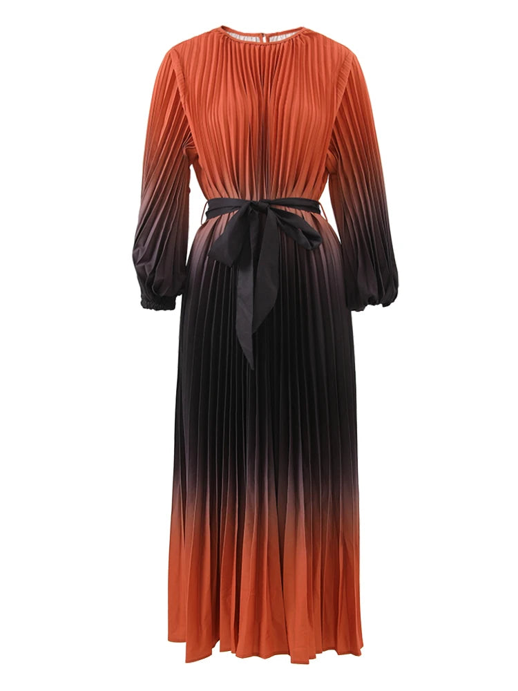 Gradient Pleated Fashion Long Dress Women Contrast Color Belt Gathered Waist Dresses Evening Party 2024 New 32C972