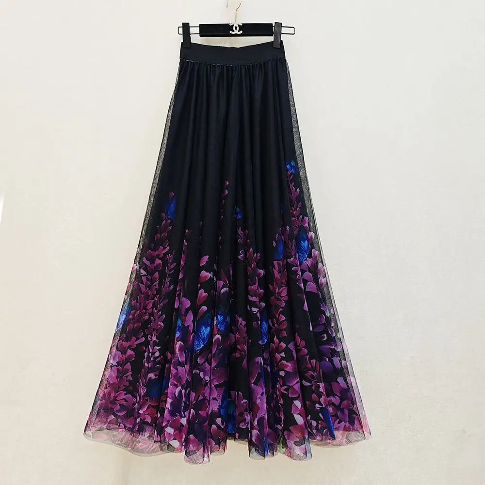 2024 Spring/Summer High End High Quality Yarn Skirt 720 Degrees Lilac Flower Color Long Skirt Fashion Slim Fit Half Skirt