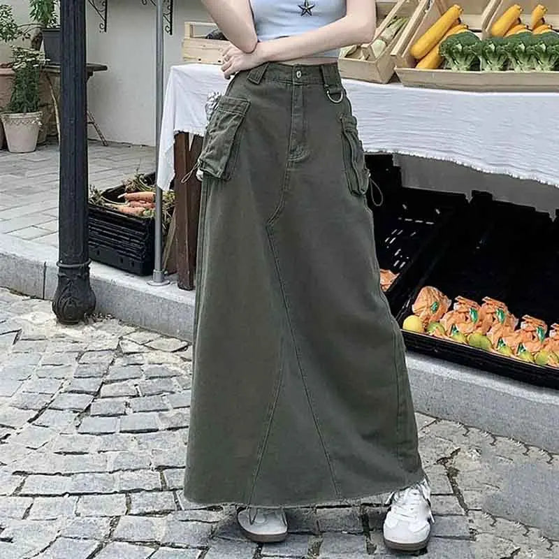 Y2K High Waist Drawstring Cargo Skirt Women Korean Split Midi Skirt Female Fashion Streetwear Solid Big Pocket A Line Skirts