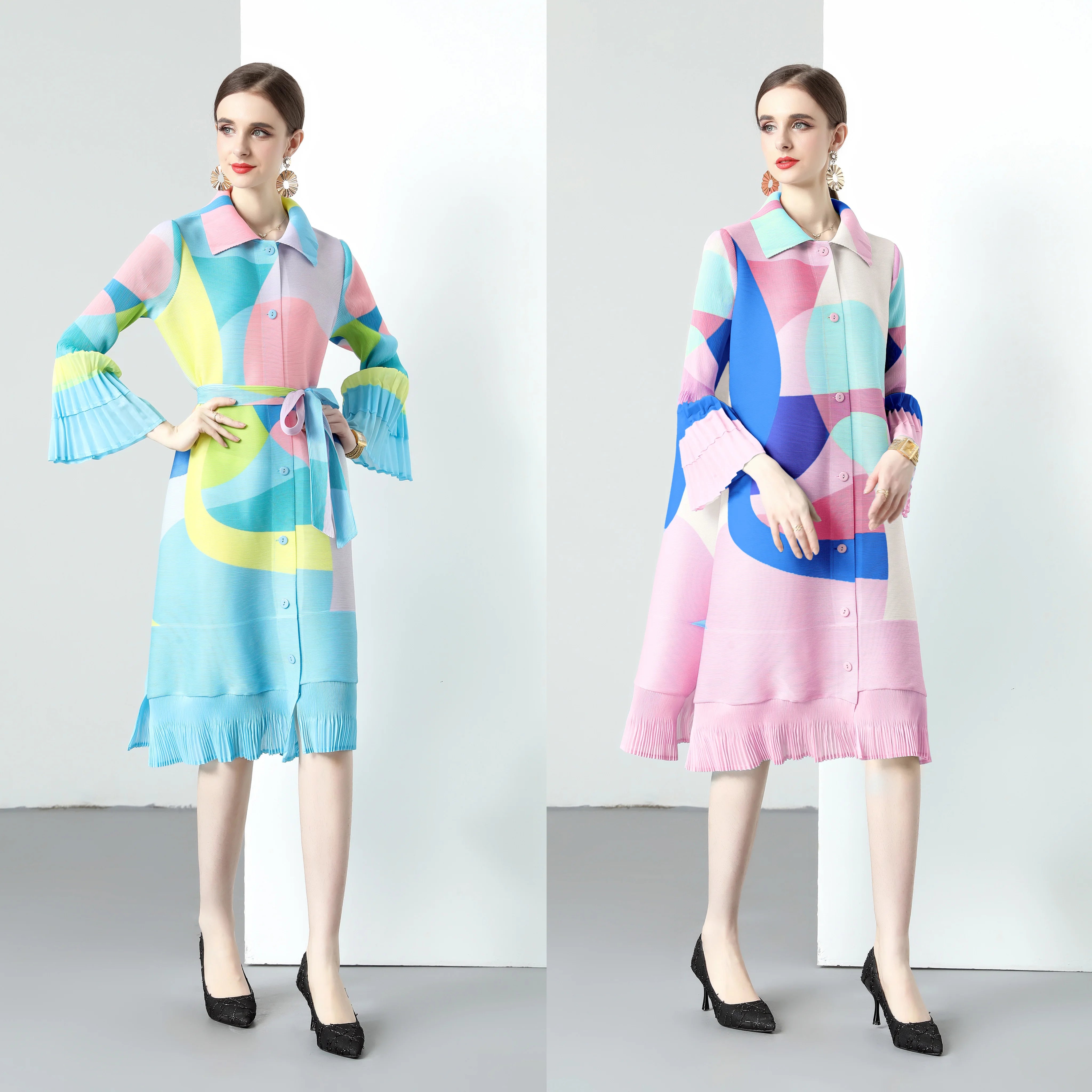 Miyake Pleated Laminated Flared Sleeve Ruffle Edge Geometric Printing Long Trench Coat Skirt Women's Long-sleeved Cardigan Dress