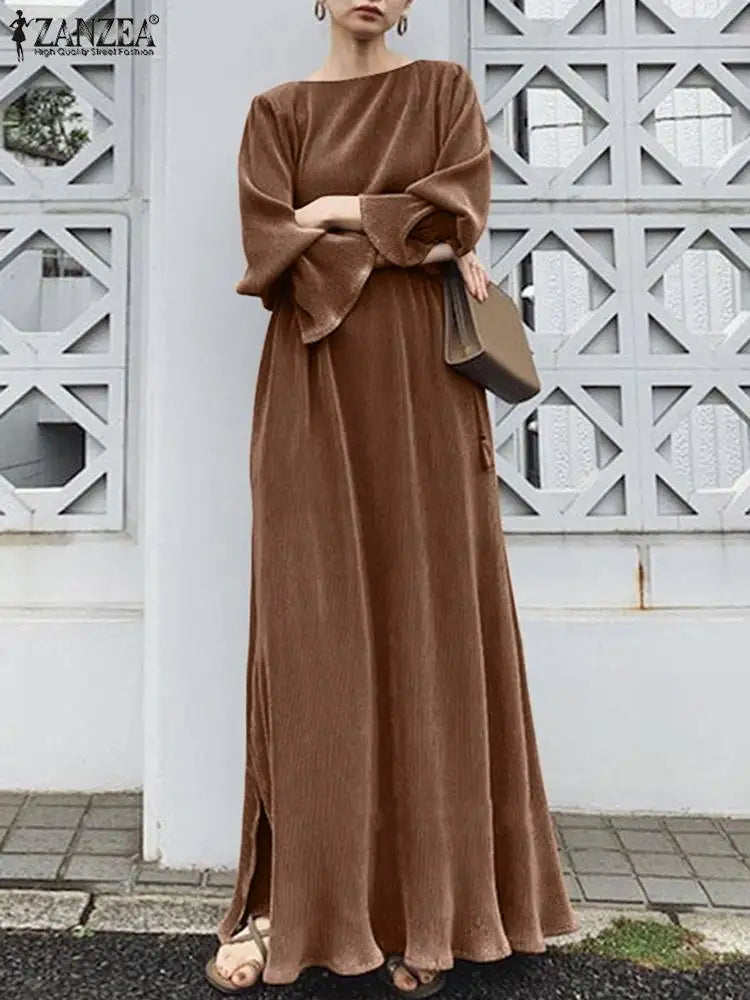 ZANZEA Elegant Fashion Women Maxi Sundress 2024 Autumn Long Dress Casual Pleated Long Sleeve Solid Color Party Vestidos Robe