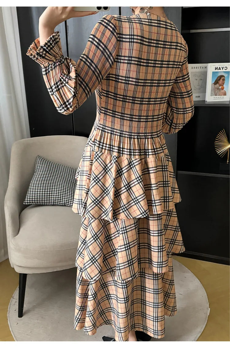 Miyake Plaid Print Dress Women's Spring and Summe  2024 New Loose Fashion Pleated Skirt Pressed Pleated A-line Foreign Dresses