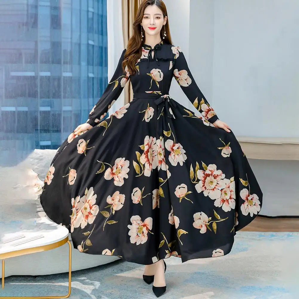 Flower Print Women Spring Maxi Dress Shirring Edge Temperament Tight Waist Long Dress Charming Full Length Office Lady Dresses