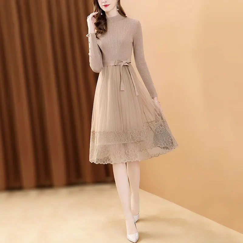 Elegant Stand Collar Spliced Gauze Lace Bandage Ladies Dresses Women's Clothing 2023 Autumn Winter Loose Office Lady Midi Dress