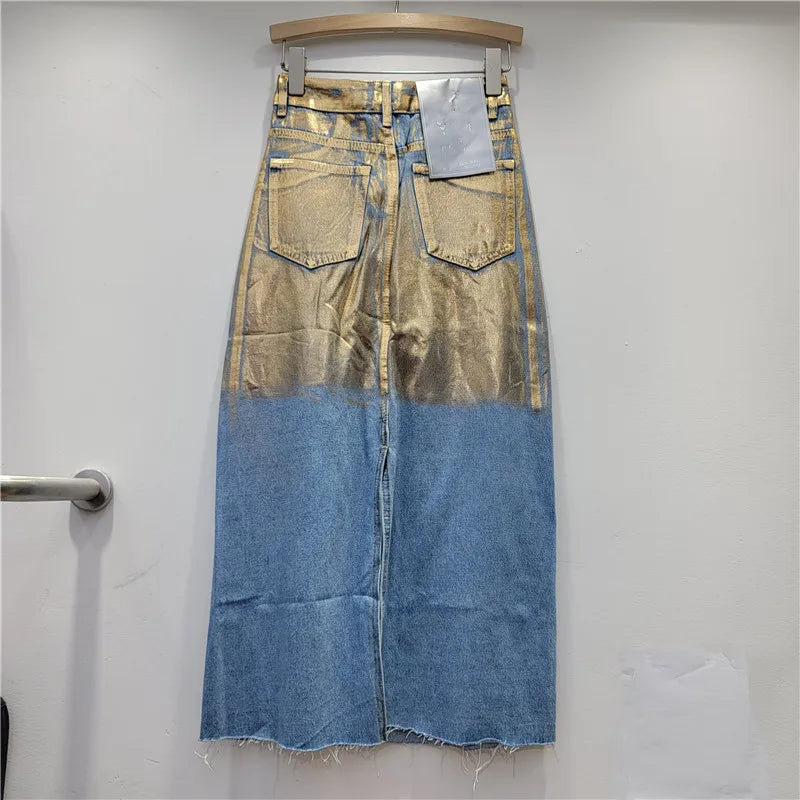 SuperAen Europe Fall 2024 New Heavy Industries Painted Gold Skirt Denim Skirt for Women