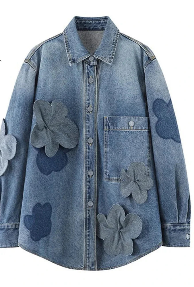 3D Floral Spliced Design Denim Shirt Women Lapel Lapel Pockets Single Breasted Tops Fashion 2024 Autumn New 32C1476