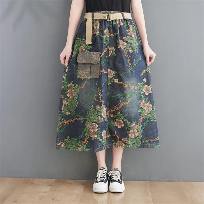 Large Pocket Print Washed Denim Skirt Spring Summer Women's High Waist Mid Length A-Line Jeans Saia Vintage Falda h686