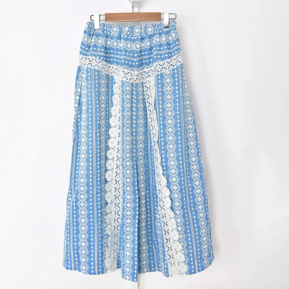 Women Denim Skirt Lace Spliced Elastic Waist A-Line Fashion Midi Jupe