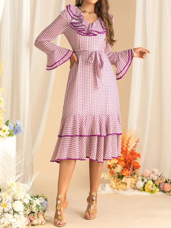 Women's Elegant Purple Plaid Dress Flare Sleeved Ruffles Lace Up Dress