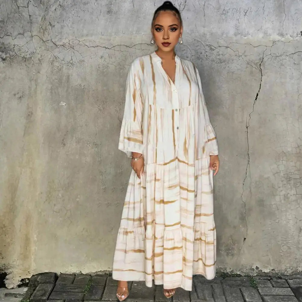 Women Printed Dress Bohemian Style Maxi Dress with Long Horn Sleeves V Neck Printed Patchwork Design A-line for Vacation