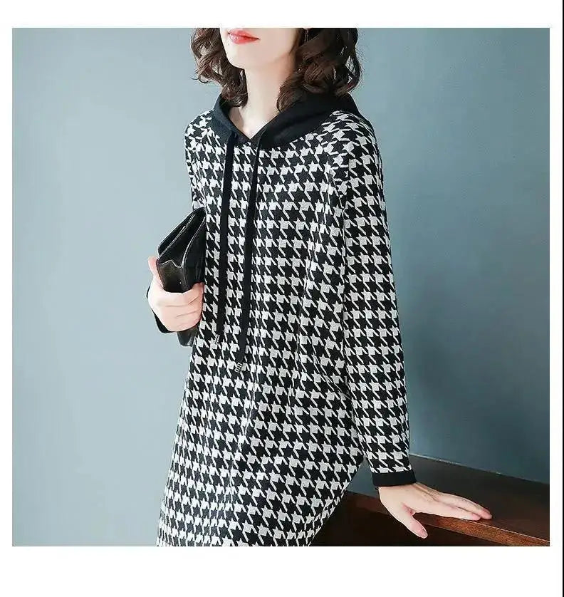 Houndstooth Print Elegant Hooded Dresses for Women Autumn Casual Streetwear Pockets Loose Long Sleeve Midi Dress