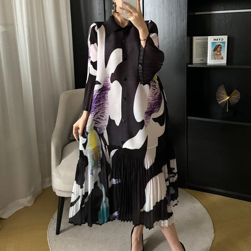 Miyake Pleated Breasted Cardigan 2024 Spring New Women's Printed Lapel and Flower Bud Sleeves Summer Women's Mid Length Dress