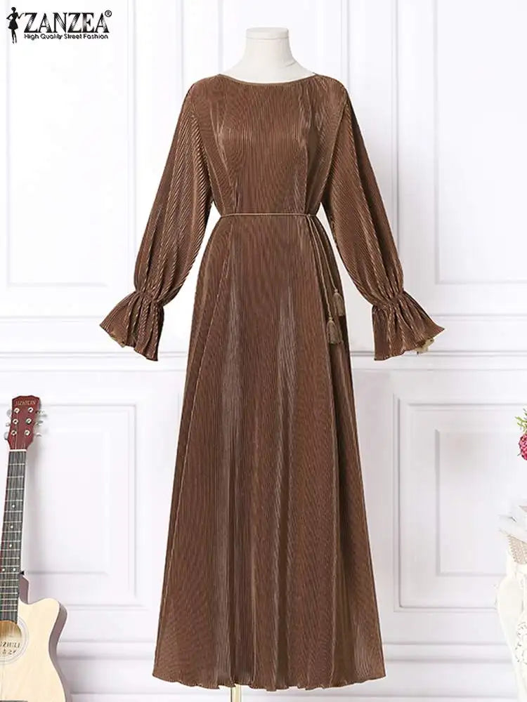 ZANZEA Elegant Fashion Women Maxi Sundress 2024 Autumn Long Dress Casual Pleated Long Sleeve Solid Color Party Vestidos Robe