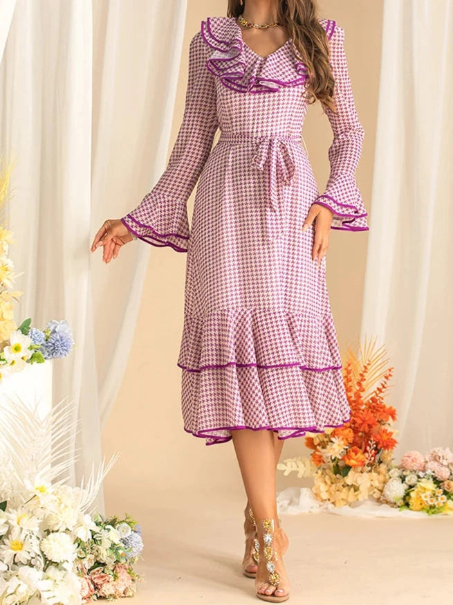 Women's Elegant Purple Plaid Dress Flare Sleeved Ruffles Lace Up Dress