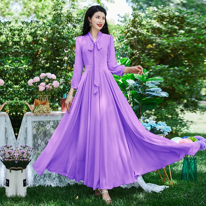 Beach Chiffon Dress Women's  Spring Summer New V-Neck Slim Chic Bohemian Dresses Mid-Waist Big Swing Long Party Vestidos Lady