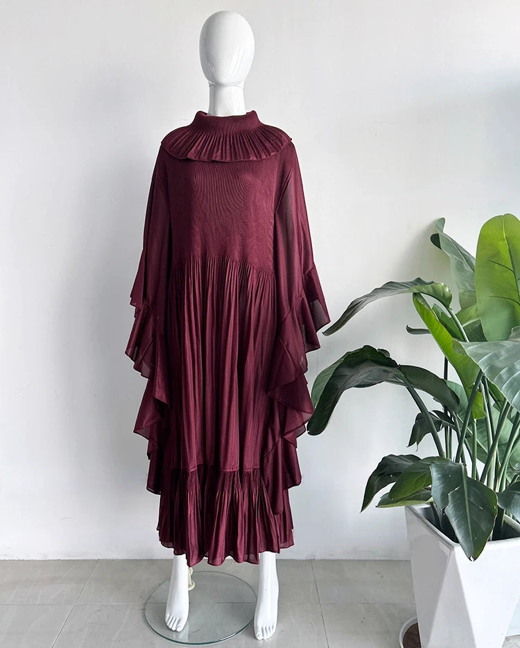 Miyake Pleated Spring Women's Long Irregular Dress Loose and Slim Solid Color Heavy Work Pleated Western Style Women's Dress