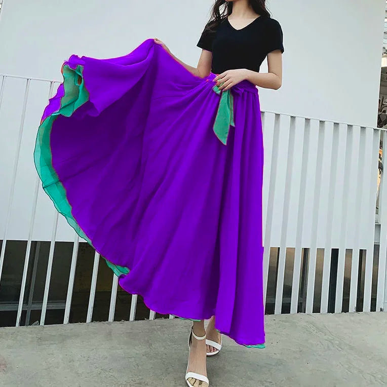 Women Chiffon Long Skirt A-Line Skirts Women Elastic High Waist Maxi Skirts Elegant Solid Skirts