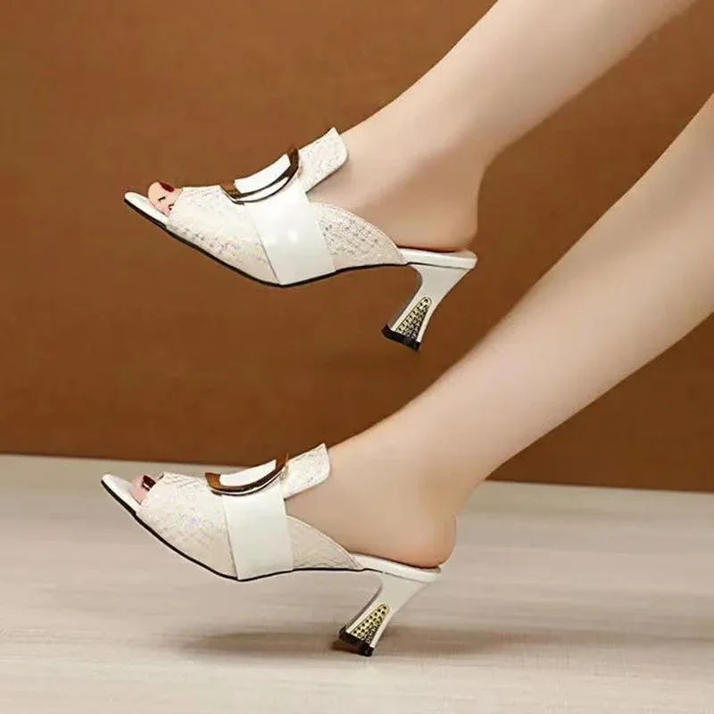 Open-toe Sandals Women 2024 Elegant Woman High Heel Shoes Spring Summer Fashion Comfort Thick Middle Heels Slippers Korean Style