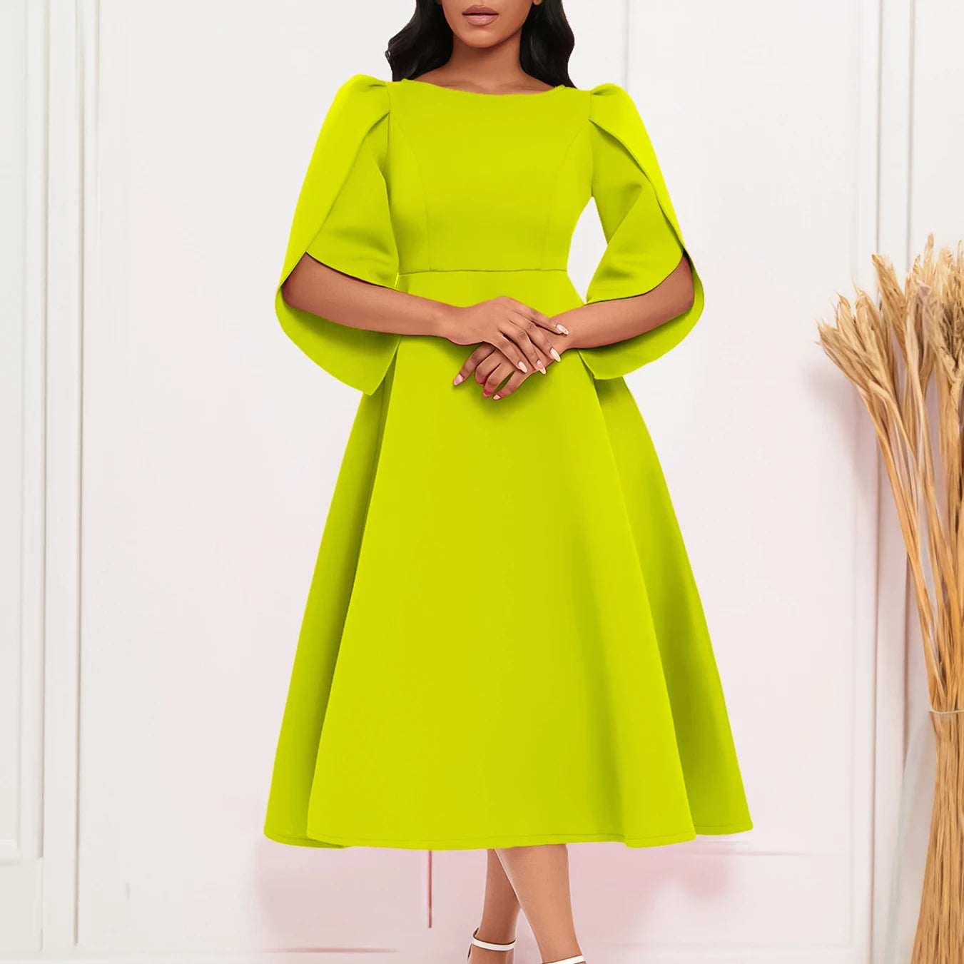 Elegant Ruffle Maxi Dress Women Solid O Neck High Waist 3/4 Sleeve Party Wedding Cocktail Long Dresses