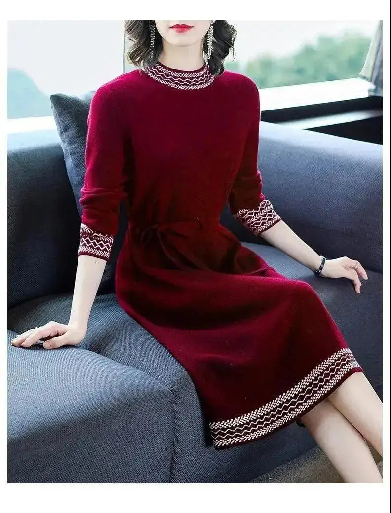 2024 New Year Red Fleece Lace Up Elegant Party Dresses for Women Winter Fashion Patchwork Long Sleeve Midi Dress Slim Vestidos