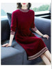 2024 New Year Red Fleece Lace Up Elegant Party Dresses for Women Winter Fashion Patchwork Long Sleeve Midi Dress Slim Vestidos