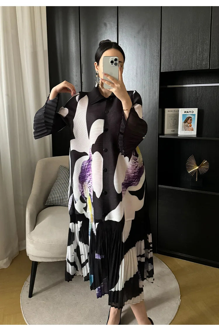 Miyake Pleated Breasted Cardigan 2024 Spring New Women's Printed Lapel and Flower Bud Sleeves Summer Women's Mid Length Dress