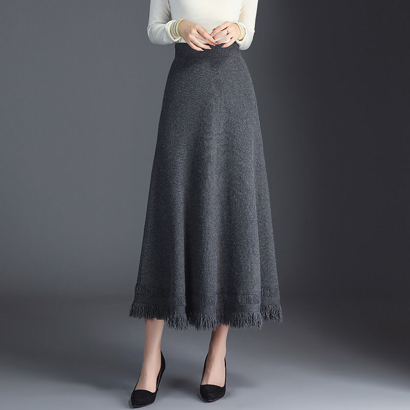 Autumn Winter New Women Long High Waist A-line Skirts Female Loose Big Swing Skirts Ladies Solid Color Knitted Skirt