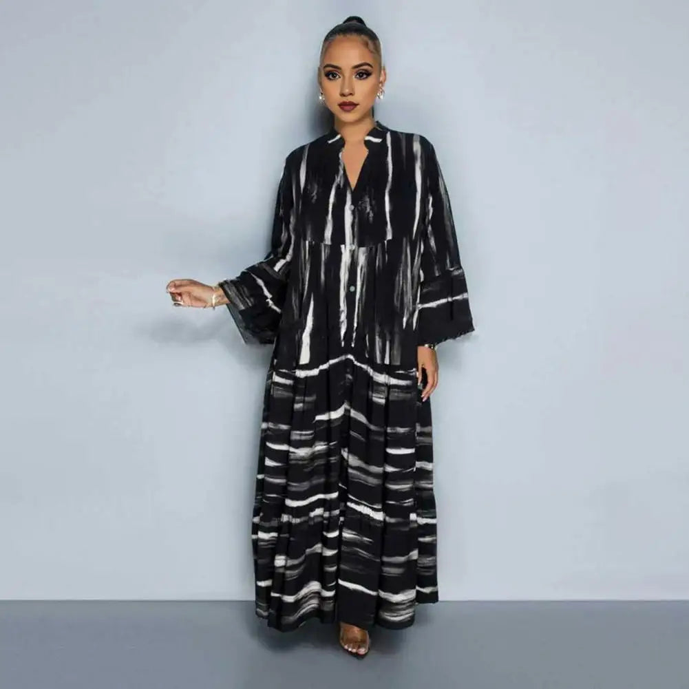 Women Printed Dress Bohemian Style Maxi Dress with Long Horn Sleeves V Neck Printed Patchwork Design A-line for Vacation