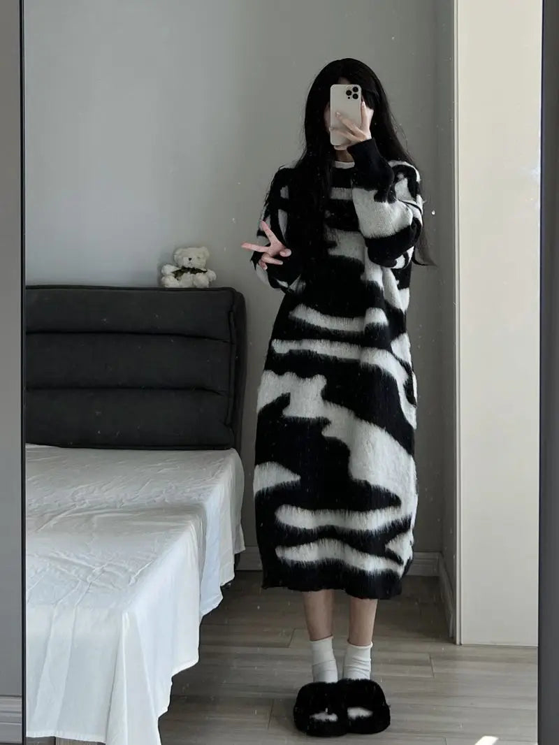 Long Sleeve Dresses Women Lazy Style Midi Knitted Chic Mink-fleece Panelled Korean Fashion Autumn Winter Prevalent Cozy Gentle