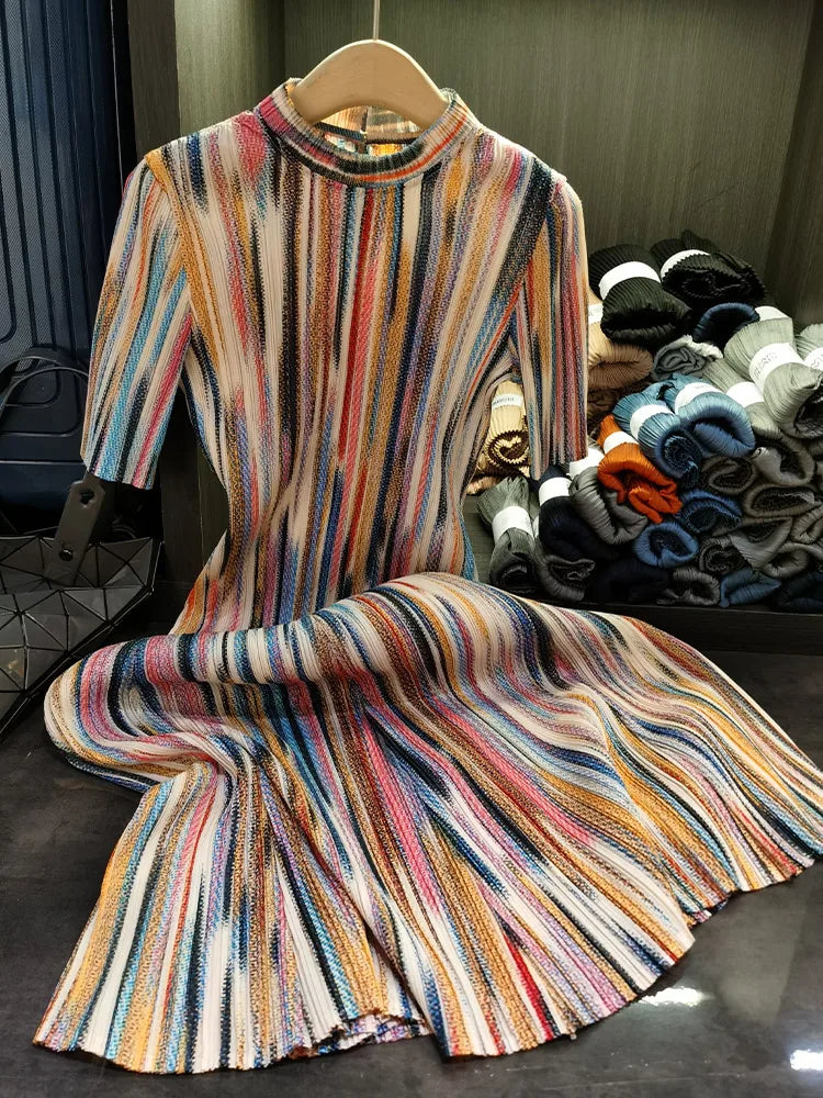 Miyake Colorful Striped Half-high Neck Short-sleeved Pleated Dress Loose Thin A-line Dress Women 2023 New Clothing