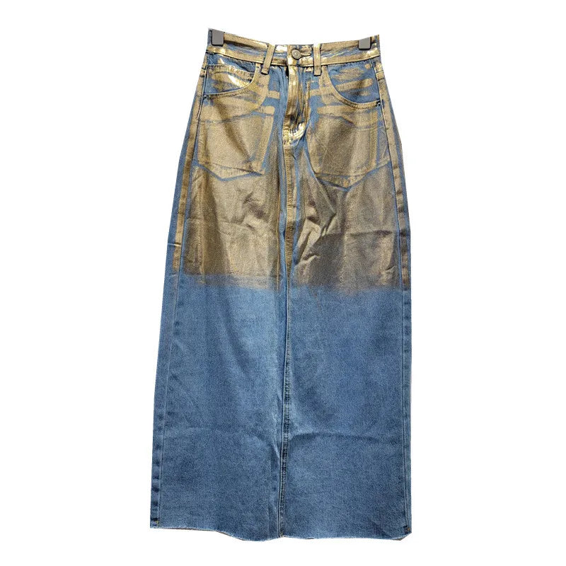 SuperAen Europe Fall 2024 New Heavy Industries Painted Gold Skirt Denim Skirt for Women