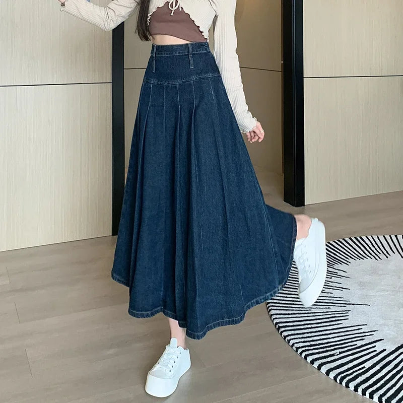 Chic Pleated Jeans Skirts High Waist Long Washing Ladies Straight Women  Loose Denim Midi Skirts