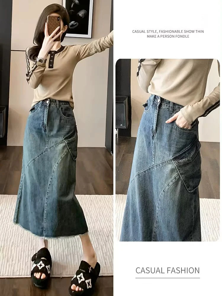 Women's jeans skirt No Elastic High Waist Frayed Raw hem A-Line Maxi Denim Skirt with Pockets patchwork midi A-line Mermaid