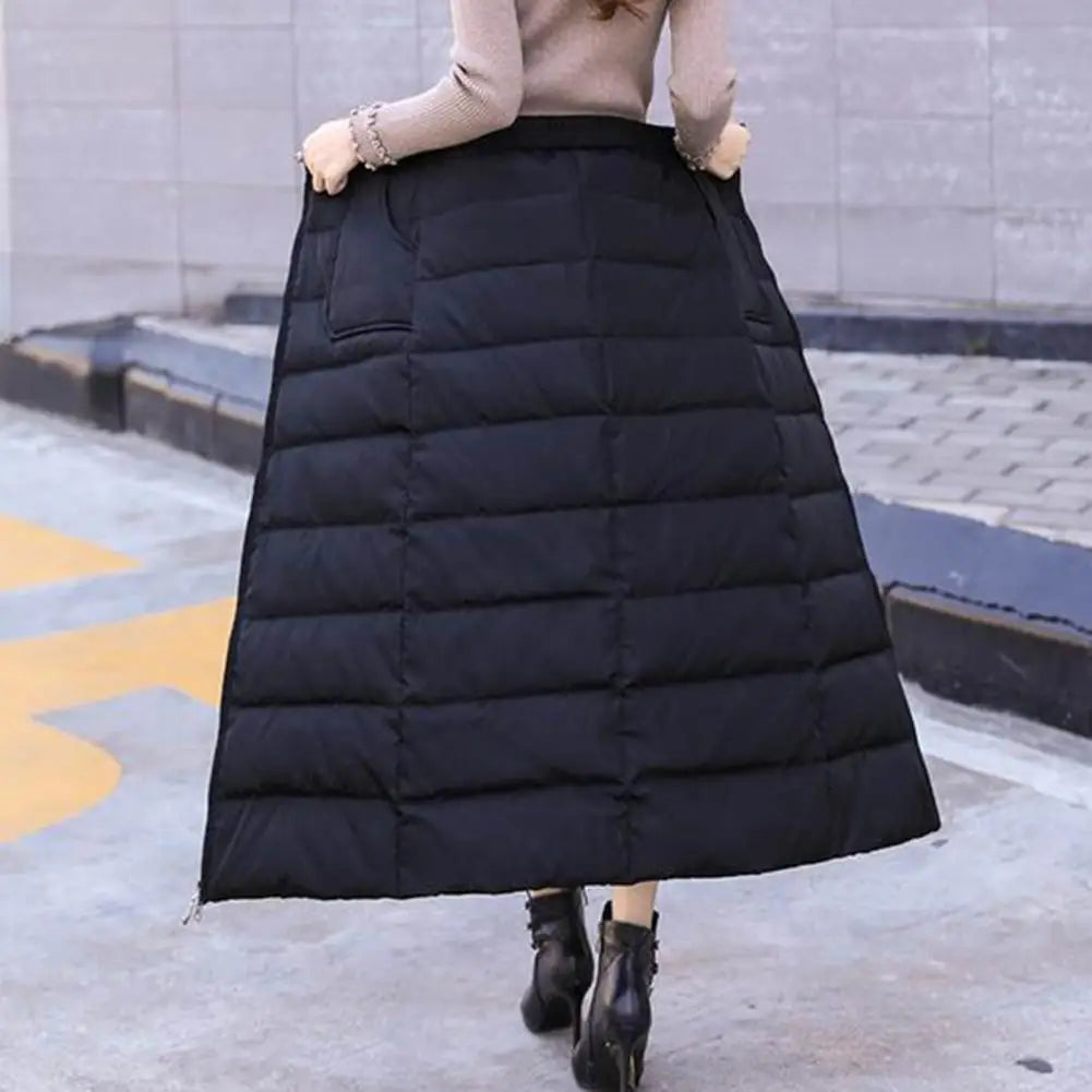 Korean Winter Women Down Skirt Thick Padded High Waist Zipper Windproof Ankle Length Lady Maxi Skirt