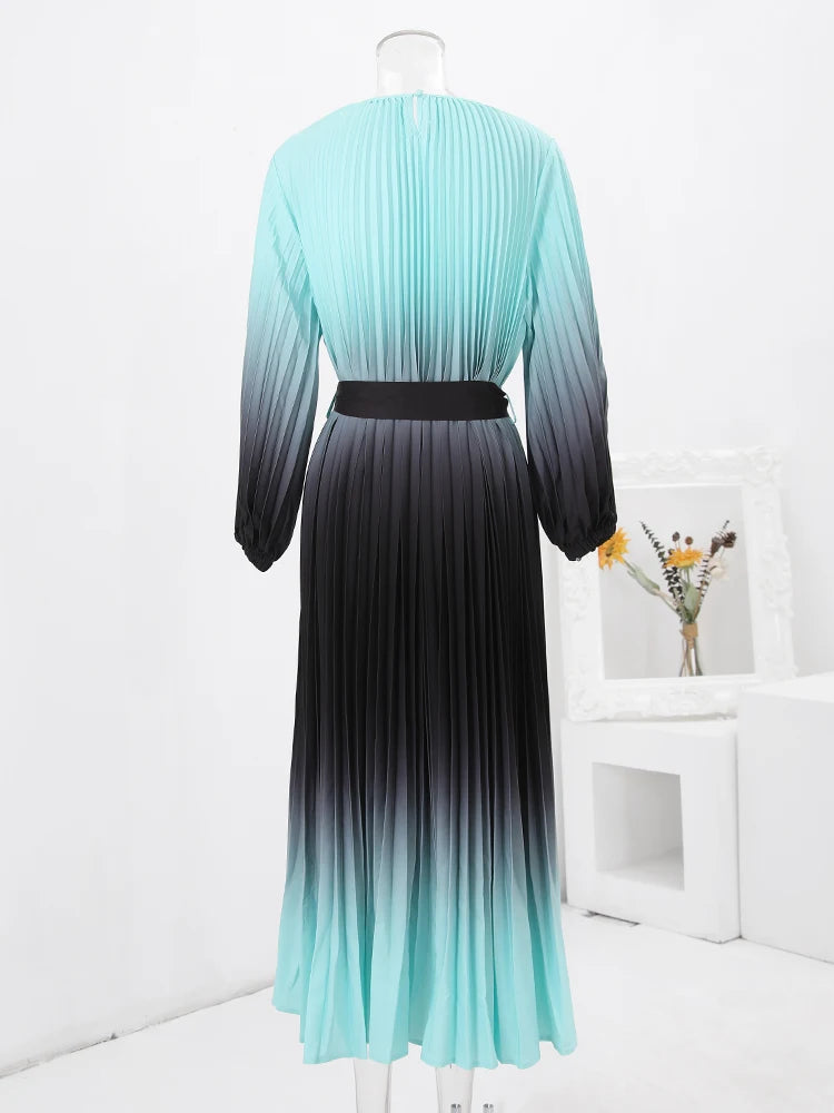 Gradient Pleated Fashion Long Dress Women Contrast Color Belt Gathered Waist Dresses Evening Party 2024 New 32C972