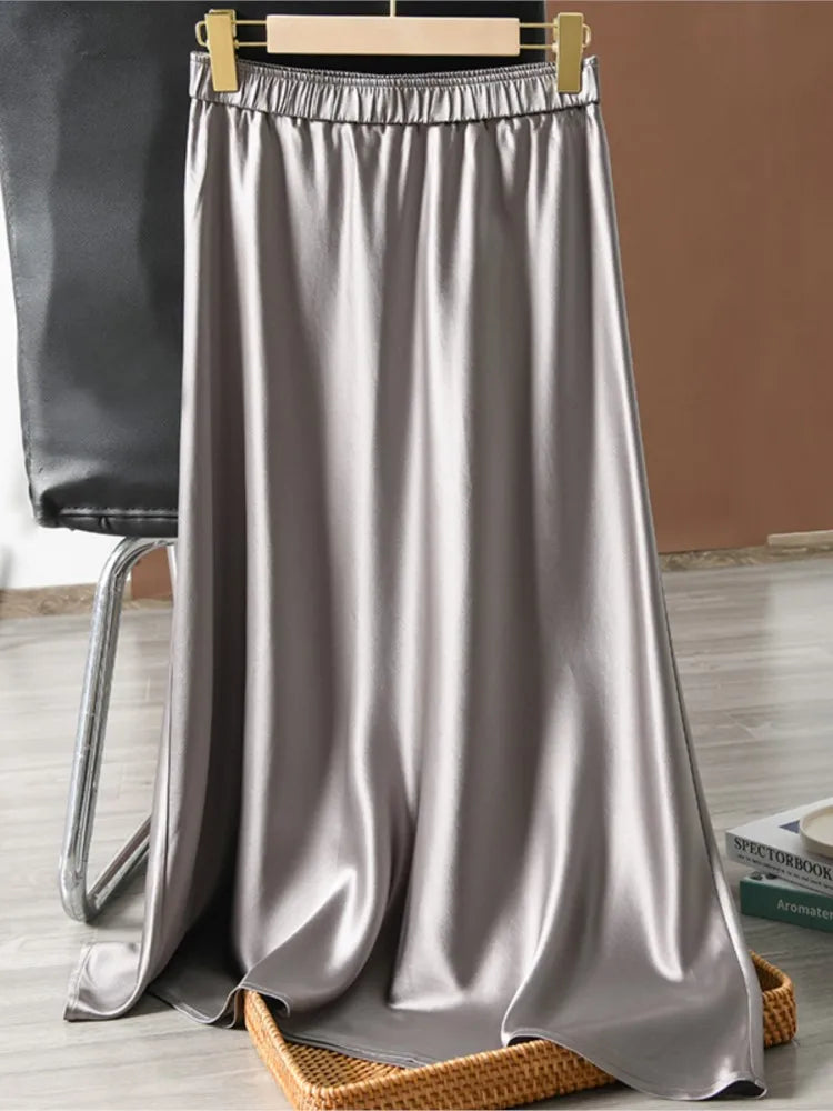 2024 Summer Elegant Ladies Club Maxi Skirt Korean Style Elastic Waist Satin Silk Skirts for Womans Plus Size Solid Skirt 6XL 7XL