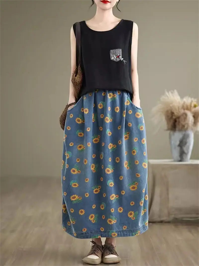 Retro Floral Denim Skirt For Women Autumn 2024 Fashon Printed Elastic Waist Slimming Versatile Bud Skirt Midi Jeans Saias K2229