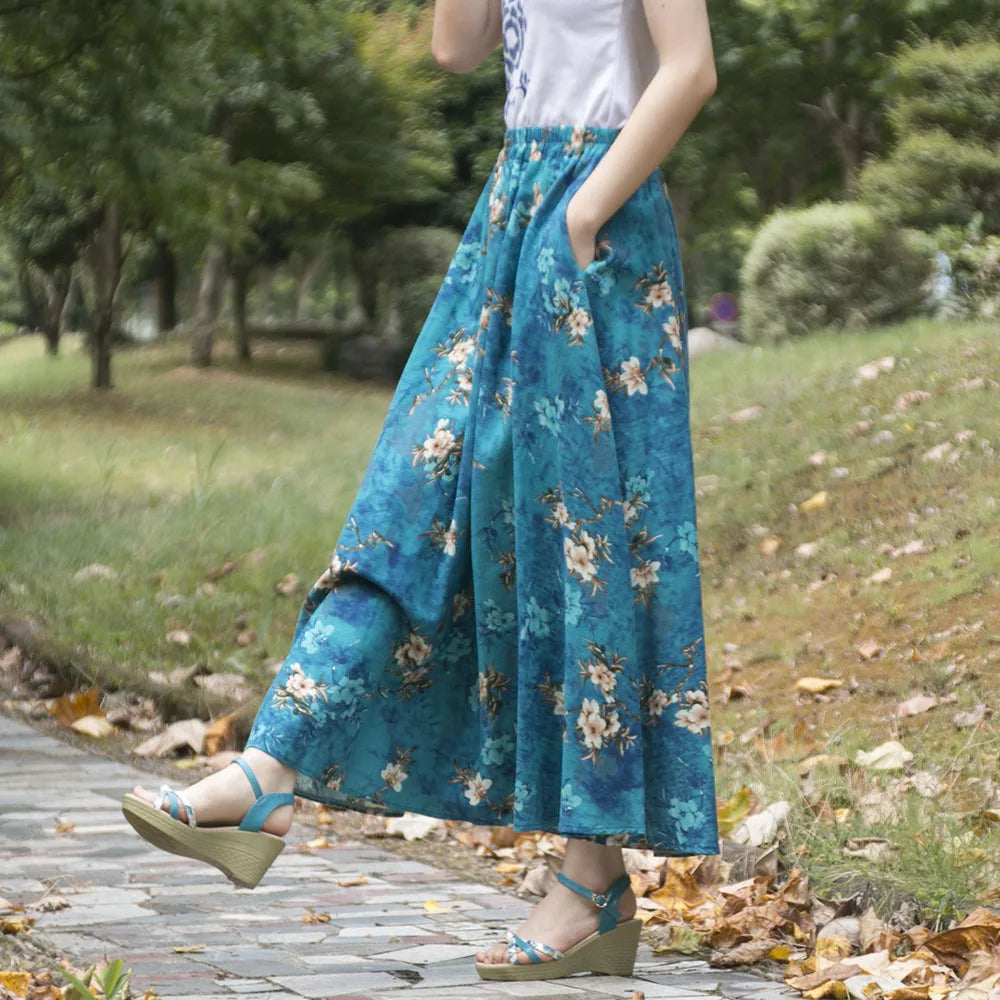 TIYIHAILEY Free Shipping 2022 New Fashion Long Maxi A-line Elastic Waist Women Cotton And Linen Print Flower Spring Summer Skirt