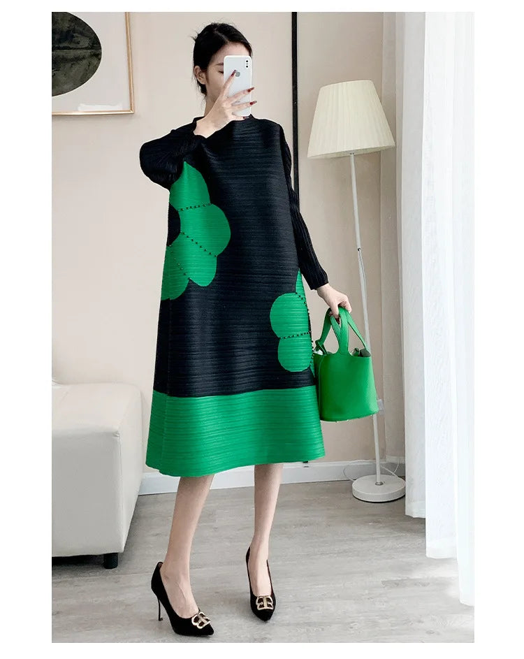 Pleats Original Pleated Color Blocking French Long-sleeved Dress Spring Autumn Women 2023 Temperament Women's Beaded Loose Skirt